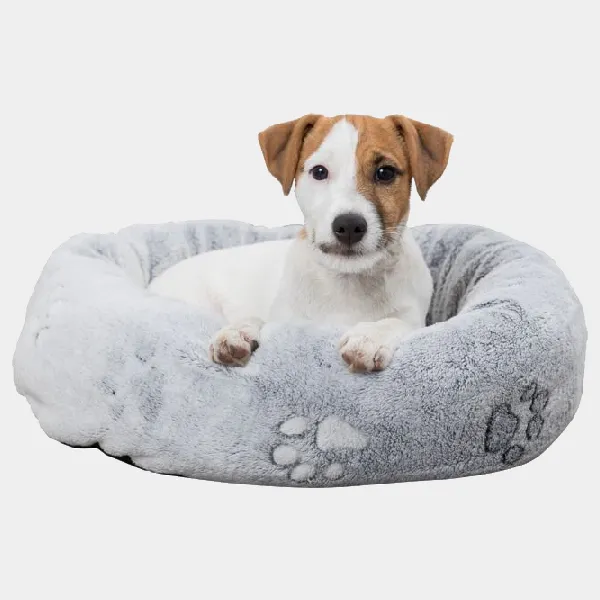 Cachorro de raza Jack Russell tumbado en una cama acolchada para erros de color gris con detalles de huellas, mostrando un diseño cómodo y elegante