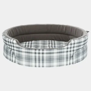 Cama redonda para perros pequeños y medianos con diseño a cuadros escoceses y borde marrón, ideal para el confort de tu mascota