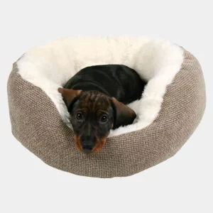 Confortable Cama para Mascota con Borde de Felpa Blanca Cachorro en cama para mascota marrón con borde de felpa suave, perfecta para el descanso de perros pequeños