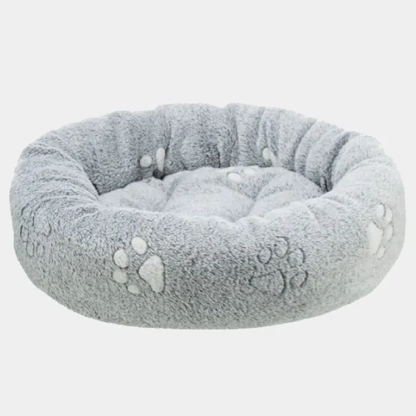 Cama acolchada para perros en color gris claro, con huellas decorativas, ideal para el confort de mascotas medianas y pequeñas