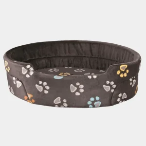 Cama redonda para perros de color gris con estampado de huellas, ideal para el descanso y la comodidad canina