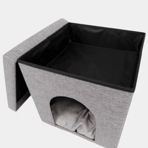 Caja cueva para perros pequeños de diseño moderno en color gris con compartimento de almacenaje superior y cojín interior cómodo