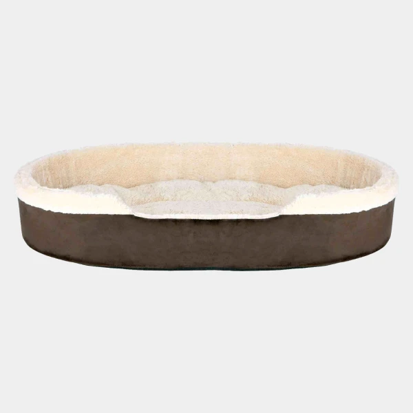 Cama de invierno para perro con borde ondulado, en tonos marrón oscuro y beige, con interior de felpa suave para un descanso cálido y confortable