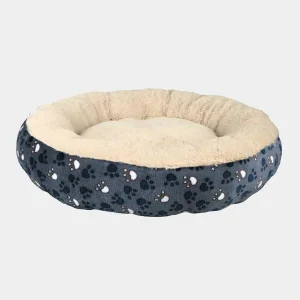 Cama relax para perro en color azul con patrón de huellas y borde de felpa blanca, ideal para el confort y la relajación de tu mascota