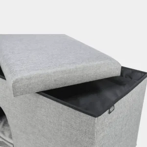 Cueva Moderna con Cojín Extraíble para Perros Pequeños – Ideal para el Confort de tu Mascota Cueva de tela gris con cojín extraíble para perros pequeños, con compartimento de almacenamiento visible