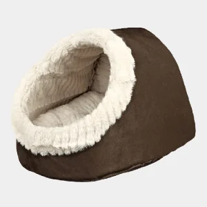 Cama cueva nido en color marrón con interior de felpa suave para perros pequeños, perfecta para el descanso confortable y seguro de tu mascota