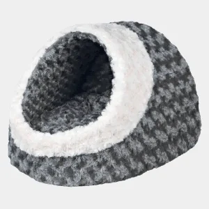Cama cueva para perros pequeños en tonos grises y blancos, con diseño confortable y acogedor, perfecta para el descanso y la privacidad de tu mascota