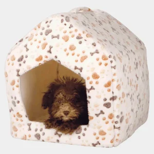 Cueva para Perros con Diseño Acolchado Cueva perro acogedora con estampado de huellas y cachorro en el interior, perfecta para el descanso de mascotas pequeñas