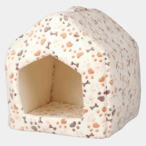 Cueva perro con estampado de huellas y tejido suave, perfecta para el descanso de mascotas pequeña