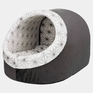 Cama cueva para mascotas pequeñas en colores gris y blanco con diseño geométrico interior