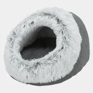 Cueva nido para cachorros en tonos grises y blancos, de felpa suave y acogedora, perfecta para el descanso de tu cachorro