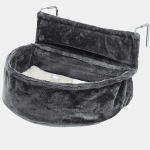 Bolsa de felpa para radiador en color gris oscuro, con cojín blanco suave y estructura metálica ajustable, ideal para perros pequeños buscando calor y confort