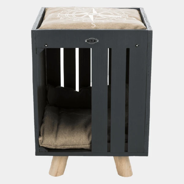 Cueva de madera para perros en color negro, diseño moderno con patas de madera y cojín suave incluido, ideal para el descanso de tu mascota