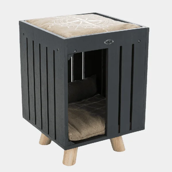 Cueva de madera para perros con diseño contemporáneo, patas robustas de madera y cojín suave en el interior, perfecta para el descanso y la privacidad de tu mascota