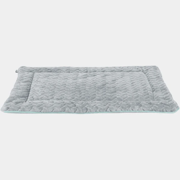 Colchoneta lavable para perros de diseño acolchado en tono gris claro con bordes en color menta, ideal para la comodidad y fácil cuidado de tu mascota