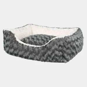 Cama de felpa para perros en tonos grises y blancos, con diseño ergonómico y acogedor
