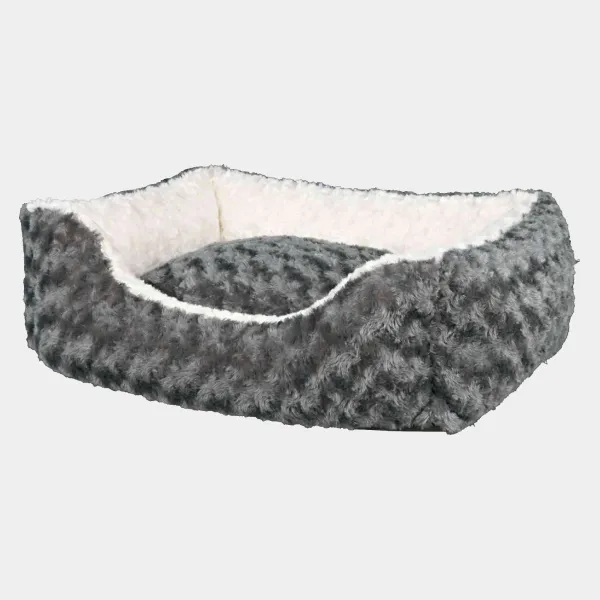 Cama de felpa para perros en tonos grises y blancos, con diseño ergonómico y acogedor