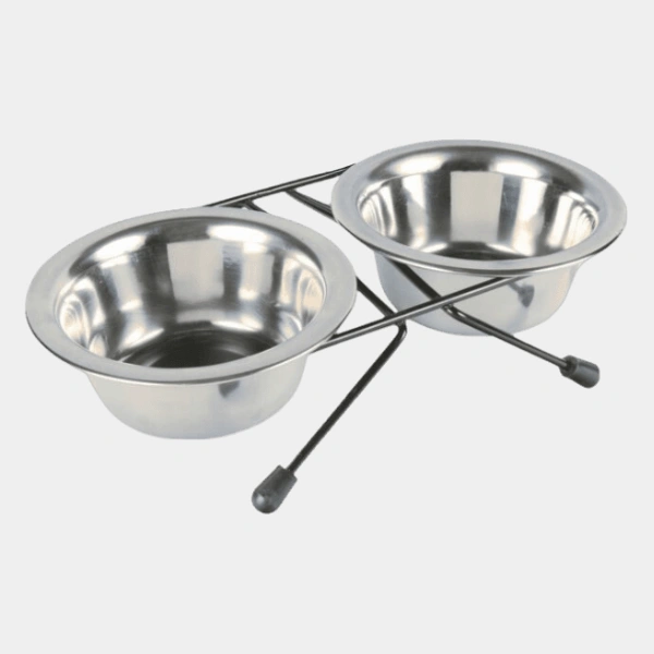 Set de comederos de acero inoxidable para perros con soporte metálico y extremos de goma antideslizantes, ideales para la alimentación y la hidratación de tu mascota