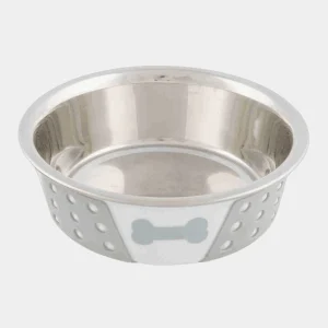 Comedero de acero inoxidable con diseño de hueso y base de silicona antideslizante para perros