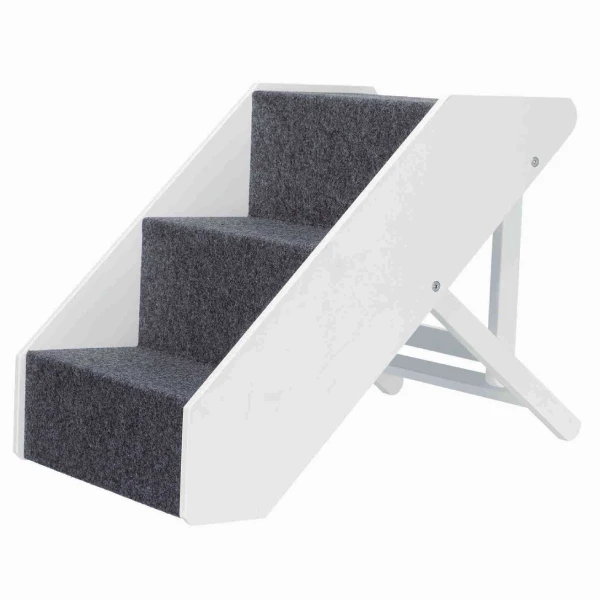 Escalera blanca con peldaños de fieltro gris para perros pequeños, ajustable y perfecta para interiores, facilitando la subida al sofá o cama