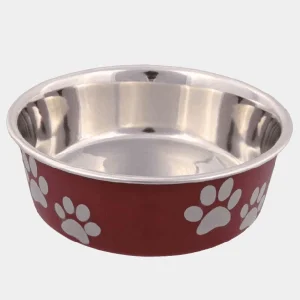 Comedero ligero para perros en acero inoxidable con base antideslizante y adornos de huellas en color rojo
