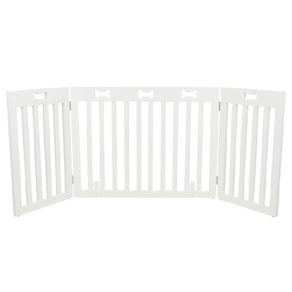 Puerta para perros expansible en color blanco con detalles de huesos, ideal para espacios interiores y control de acceso de mascotas
