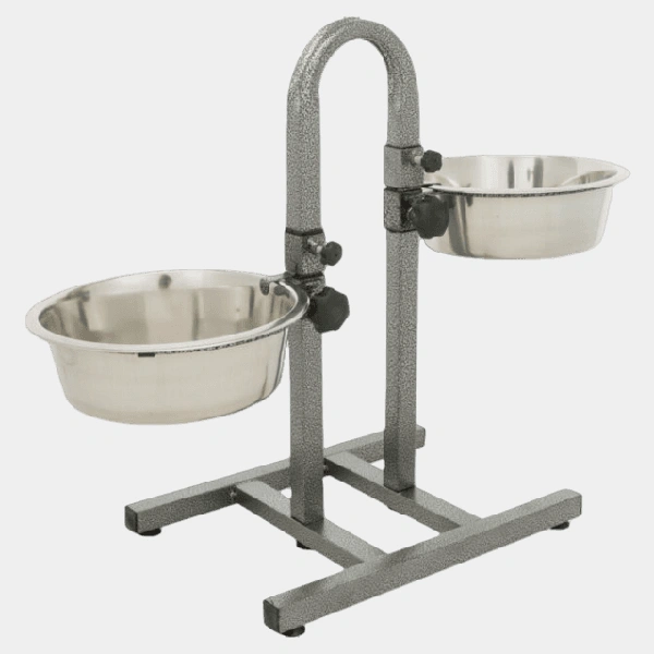 Comedero doble de acero inoxidable con soporte regulable en altura y base antideslizante para perros grandes