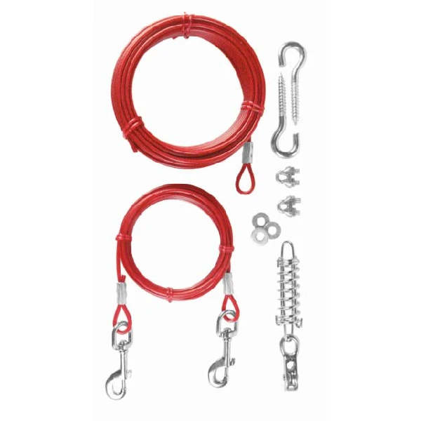 Cable de exterior rojo para perros con polea y accesorios de montaje, incluyendo muelle y ganchos para una instalación segura y flexible en espacios abiertos