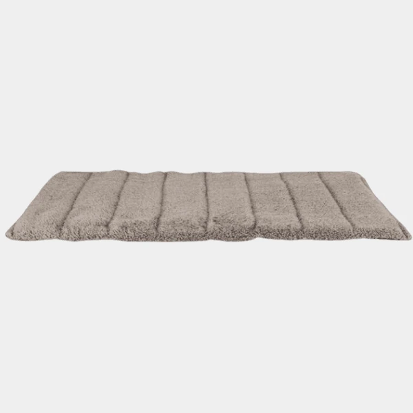 Manta de viaje para mascotas en tono gris, con diseño plegable y acolchado suave, ideal para el confort de perros y gatos durante el transporte