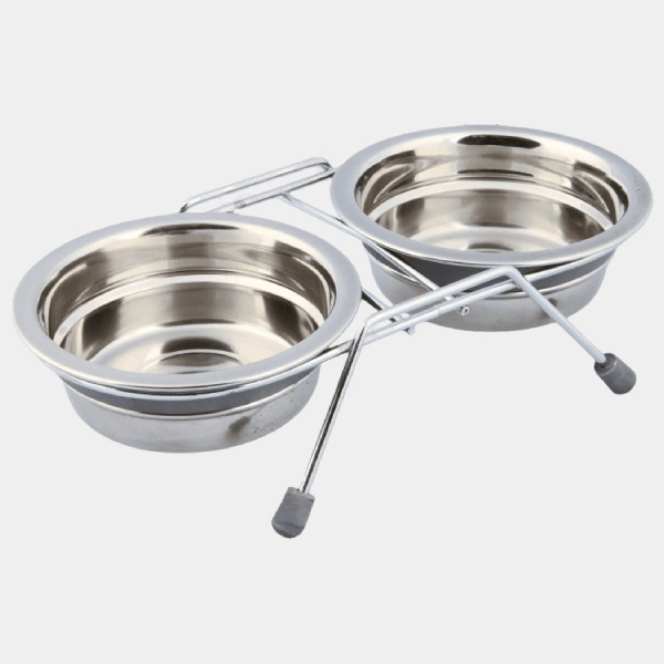 Dos comederos de acero inoxidable con soporte metálico ajustable y patas antideslizantes, ideales para ofrecer una alimentación elevada y cómoda a perros y gatos