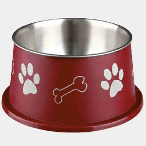 Comedero antideslizante en color rojo con detalles de huellas blancas y hueso, ideal para razas de perros con orejas largas para una alimentación limpia y cómoda