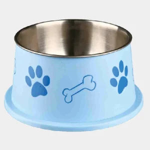 Comedero antideslizante de acero inoxidable en color azul con patrones de huellas y un hueso, diseñado para perros con orejas largas