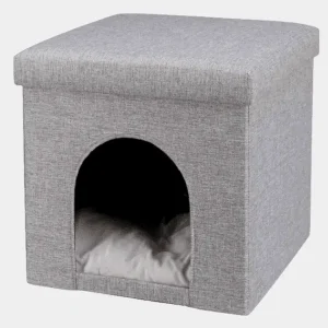 Caja cueva para perros pequeños en color gris con cojín blanco acolchado, diseño plegable y moderno