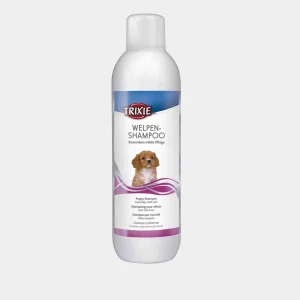 Botella de champú suave para cachorros marca Trixie Welpen-Shampoo, especialmente formulado para el cuidado delicado de la piel y el pelaje de los cachorros