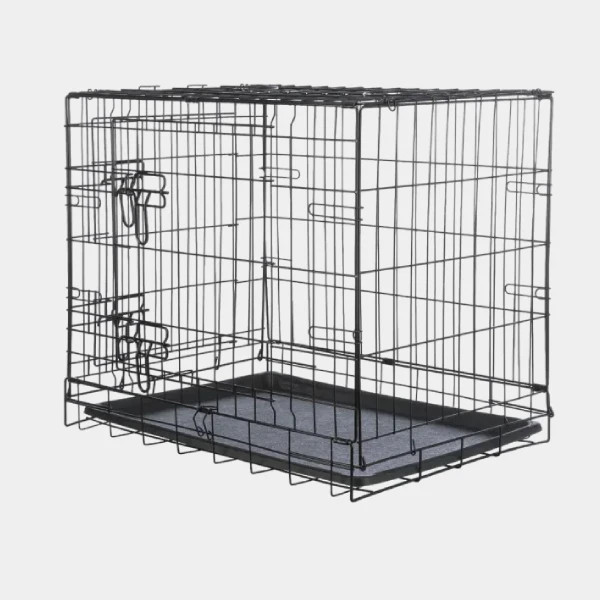 Jaula para perros de metal negro con dos puertas y cierres de seguridad, bandeja de plástico ABS removible y diseño plegable para un almacenamiento fácil