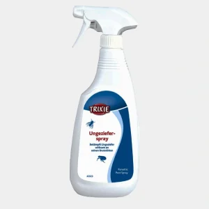 Botella de Spray Antipulgas Trixie para perros, eficaz contra pulgas y garrapatas, con diseño ergonómico y etiqueta informativa en azul y blanco