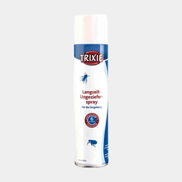 Bote de Spray Antiparasitario Trixie para perros con efecto de larga duración, muestra la etiqueta con la duración de protección de 6 meses y el logotipo de Trixie