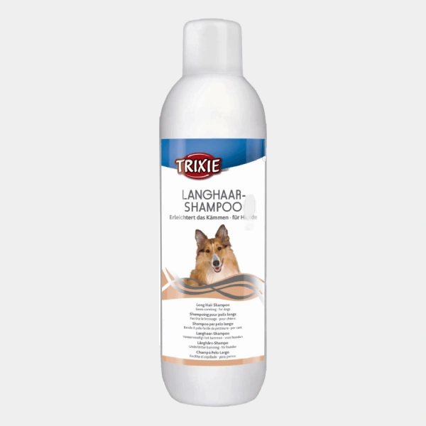 Botella de champú Trixie para perros de pelo largo, proporcionando nutrición e hidratación para un pelaje suave y brillante