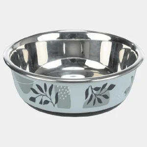 Comedero para perros medianos de acero inoxidable con detalles de hojas en tonos grises, base antideslizante de caucho y acabado brillante que combina funcionalidad con estilo para tu mascota