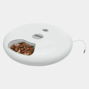 Comedero automático para perros blanco, programable con comida seca visible, listo para servir una dieta equilibrada