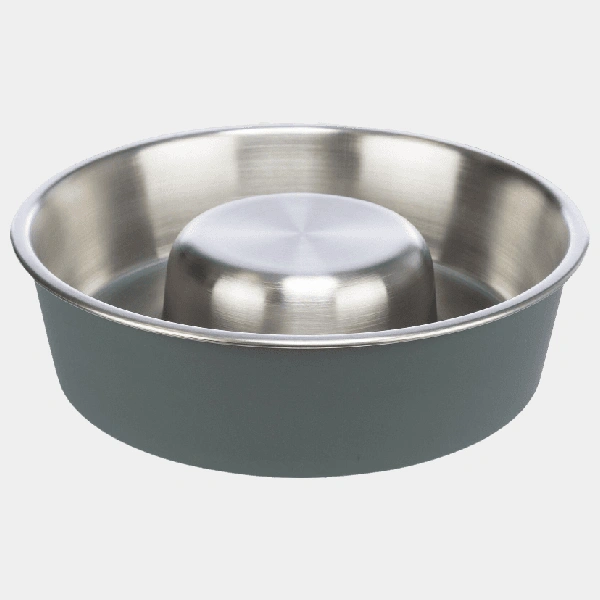 Comedero antivoracidad para perros de acero inoxidable con base de caucho antideslizante y diseño central elevado para ralentizar la ingesta de comida