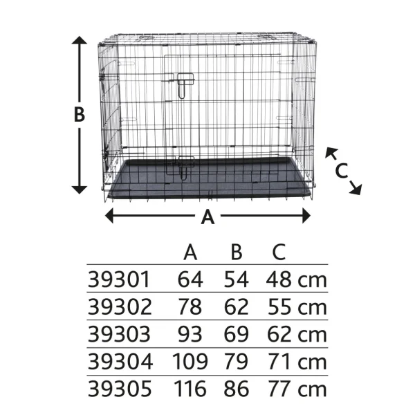 Gráfico de dimensiones de jaula para perros con medidas variadas, mostrando altura, anchura y profundidad en centímetros para diferentes tamaños de jaulas