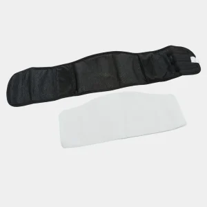 Banda abdomen para incontinencia en perros machos, color negro, con compresa absorbente blanca, mostrando el diseño y los materiales