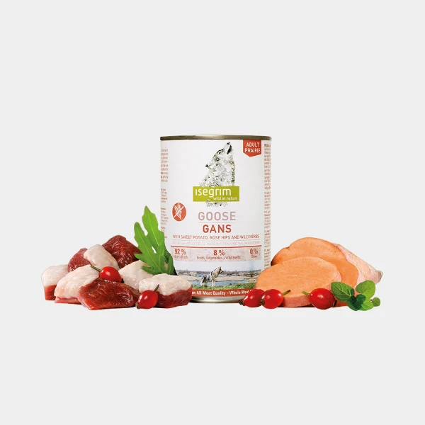Lata de comida húmeda Isegrim® Adult Prairie con trozos de carne de ganso y boniato, decorada con escaramujo y hierbas, ideal para una dieta "boniato para perros", nutritiva y deliciosa