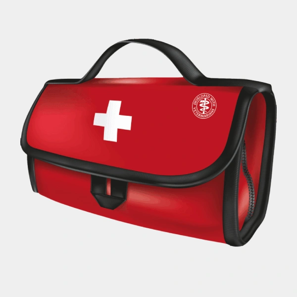 Botiquín rojo para perros con cruz blanca y logotipo de cuidado canino, esencial para el cuidado de la salud y la seguridad de las mascotas