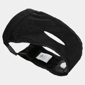 Braguita negra ajustable para perros con malla interior y tira elástica para un ajuste perfecto, mostrando la etiqueta de tamaño y composición