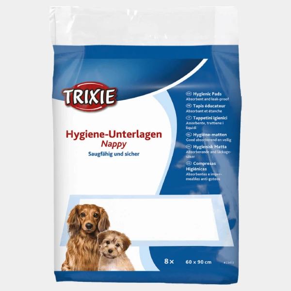 Paquete de Pañales para Cachorros marca Trixie, 8 unidades de 60x90 cm, con cachorros en el diseño del paquete