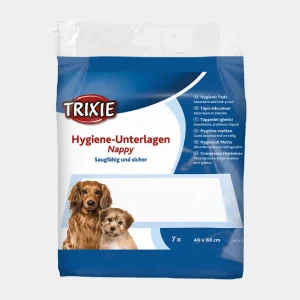 Paquete de Pañales para Cachorros Trixie de 7 unidades, 40x60 cm, con imagen de cachorros dorado y blanco en el frente, ideal para entrenamiento y perros con incontinencia.