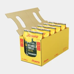 Pack de Comida Seca Sin Cereales para Perros Josera Caja de Josera con paquetes de comida seca sin cereales para perros, sabor ave y trucha, en presentaciones de 900 gramos, perfecto para dietas sin gluten y alta en proteínas