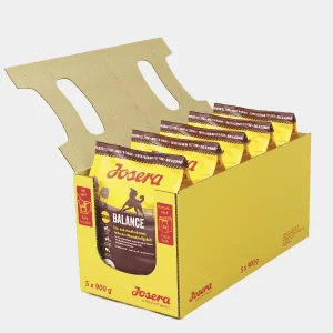 Pack Económico Josera Balance para Perros Mayores – Comida Seca Saludable en Formato Ahorro Caja amarilla Josera con múltiples paquetes de Comida Seca Balance para Perros Mayores, destacando los beneficios de un paquete económico de 5 x 900g para la nutrición de perros senior